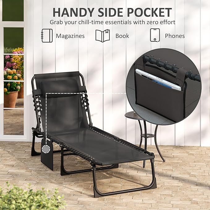 Outsunny Chaise Lounge Chair Outdoor, 5-Position Adjustable Sun Tanning Chair with Carrying Handle and Side Pocket, Folding Bed Cot with Removable Pillow for Garden, Beach, Patio, Pool, Camp, Black - Image 7
