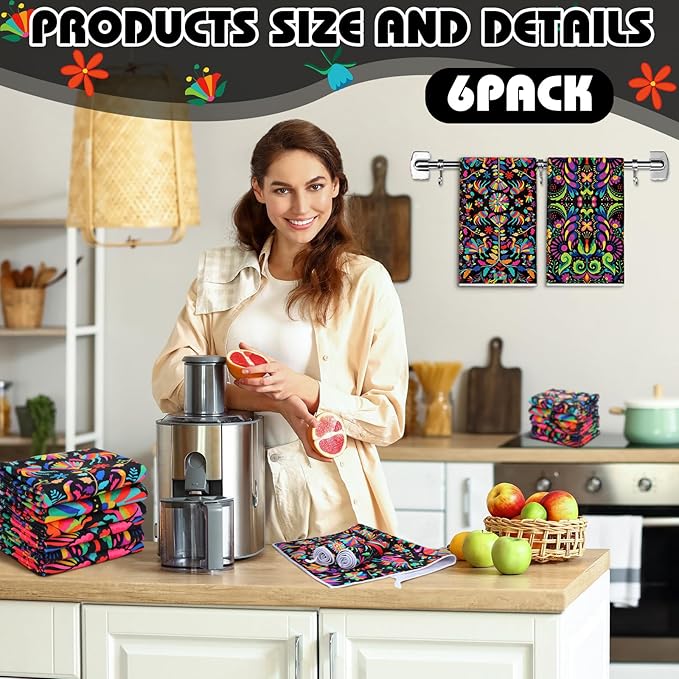 Breling Set of 6 Mexican Kitchen Towels Colorful Flowers Mexican Themed Dish - Image 5