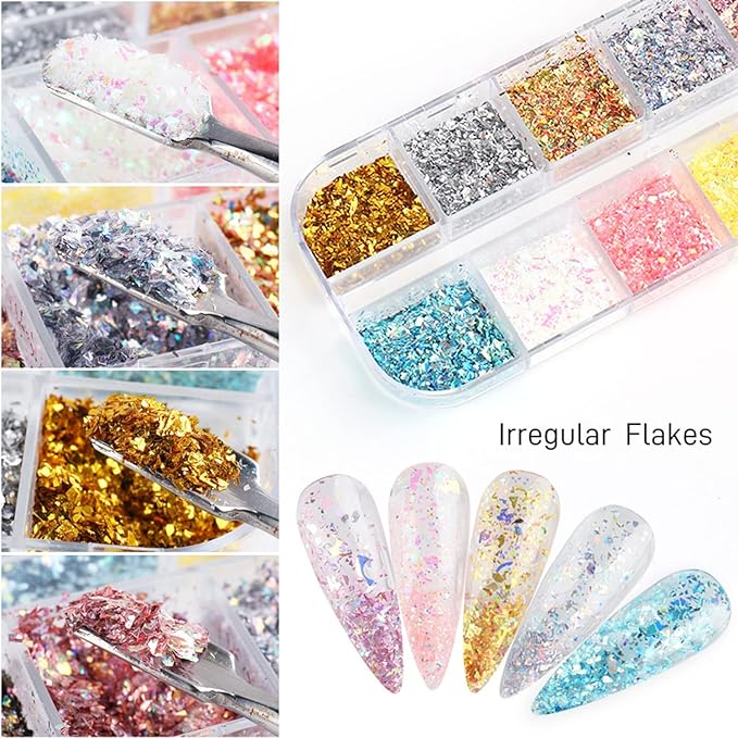 12 Colors Glitter Nail Art Sequins, Holographic Irregular Iridescent Shiny Nail - Image 3