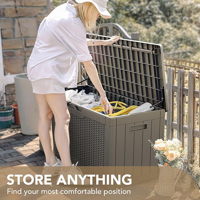 Devoko 100 Gallon Waterproof Large Resin Deck Box Indoor Outdoor Lockable Storage Container for Patio Furniture Cushions Garden Tools (100 Gallon, Light Brown) - Image 7