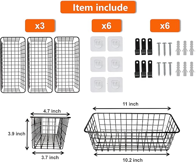 Joben Oligey 3 Set Hanging Wire Baskets, Wall Mount Fruit Basket, No Drilling - Image 3