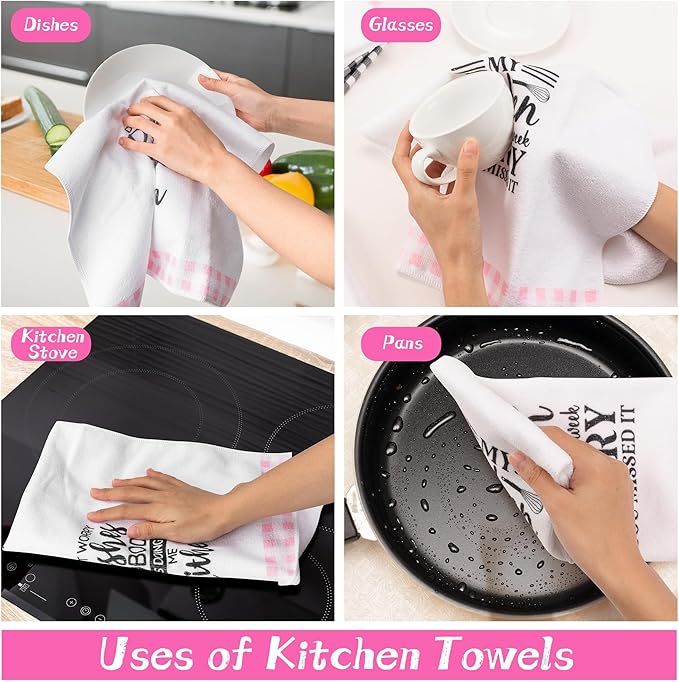 R HORSE Cute Pink Kitchen Towel Set 5Pcs Pink Check Kitchen Dishcloth Absorbent - Image 6