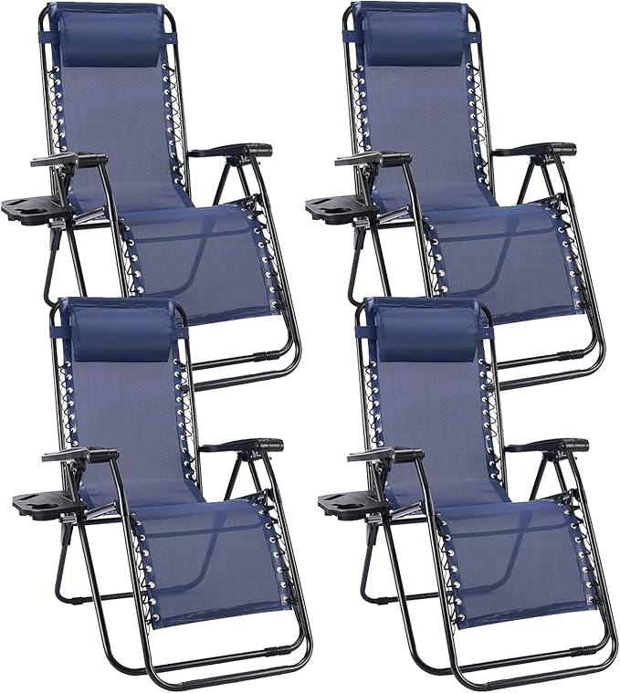 Sweetcrispy Zero Gravity Chairs, Set of 4 Portable Recliner Beach Camping Patio Outdoor Folding Lounge Chair with Cup Holder Trays and Adjustable Pillow for Poolside, Garden, Backyard, Lawn (Blue) by Sweetcrispy