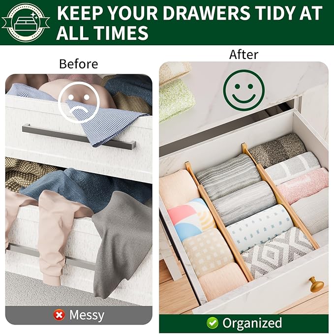 6 Pack Bamboo Drawer Dividers 2.6" High, Adjustable Spring Loaded Clothes - Image 4