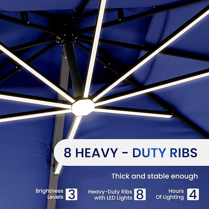 10 X 13 FT Cantilever Patio Umbrella with LED Lights Outdoor Heavy Duty Double Top Windproof Rectangle Offset Umbrellas with 360-degree Rotation for Pool Deck Backyard, Navy - Image 2