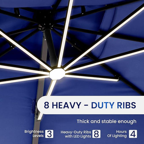 10 X 13 FT Cantilever Patio Umbrella with Led Lights and Base Included Outdoor Heavy Duty Double Top Rectangle Offset Umbrellas with 360-degree Rotation for Pool Deck Backyard, Navy - Image 2