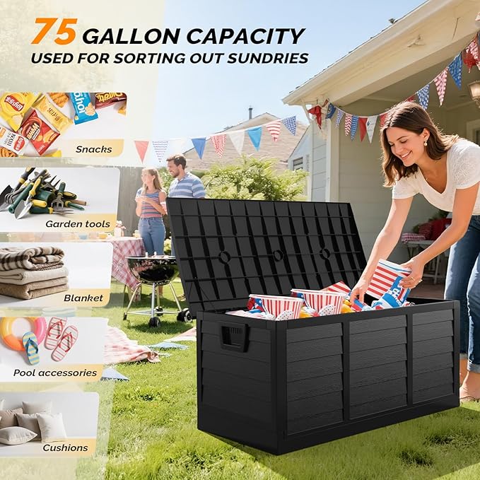 VINGLI 75 Gallon Collapsible Outdoor Storage Box, Simple-to-assemble Plastic Storage Containers with Lid, Patio Deck Box Furniture for Garden, Pool, Balcony, Yard (Full Black) - Image 8