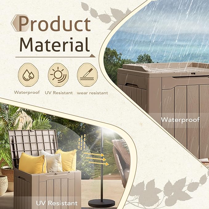 Flamaker Deck Box 31 Gallon Waterproof Resin Small Deck Box with Lid, Indoor Outdoor Package Delivery Box, Organization and Storage for Patio Furniture, Garden Tools, Outdoor Cushions (Light brown) - Image 2