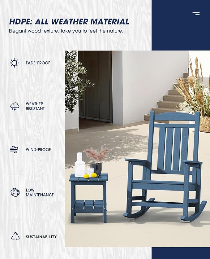 KINGYES Oversized Patio Rocking Chair Set of 2, High Density Polyethylene Outdoor Rocking Chairs with 330lbs Support for Adults, Navy - Image 5