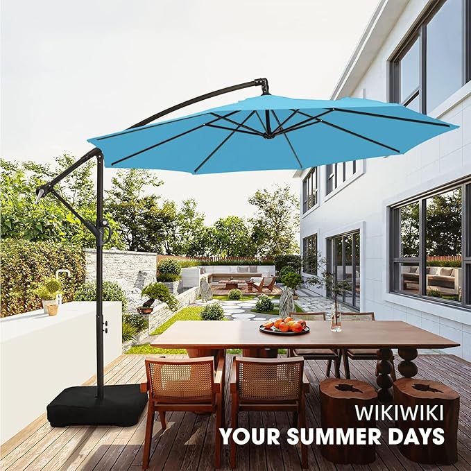 wikiwiki 10ft Patio Umbrella with Base Included, Outdoor Offset Cantilever Umbrella with Sandbag Base for Backyard, Garden and Pool, Easy to Tilt and Crank, Sky Blue - Image 8