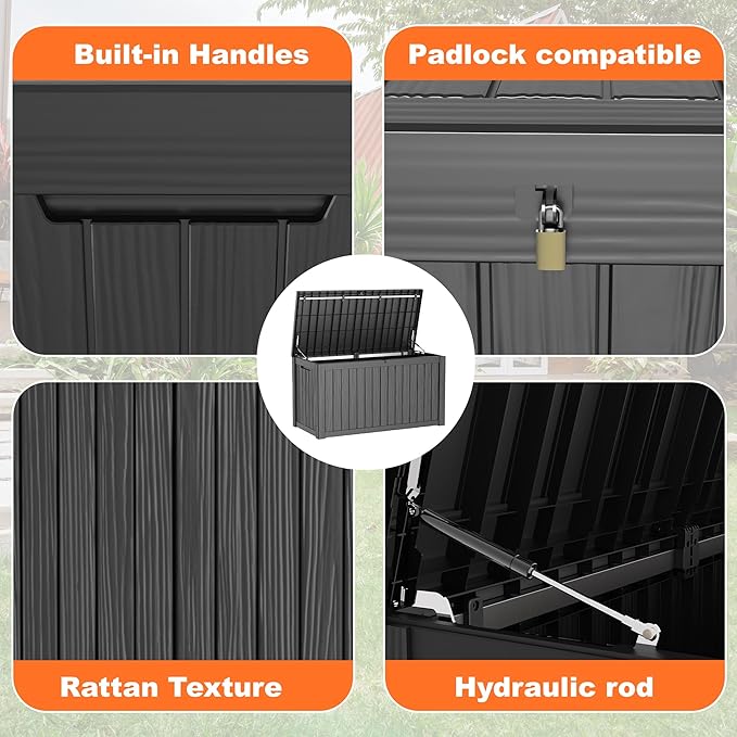 180 Gallon Outdoor Deck Box, Lockable Waterproof Outdoor Storage Boxes For Garden Tools,Indoor Cushions,Accessories Outside Storage Resin Weatherproof Container(Black) - Image 3