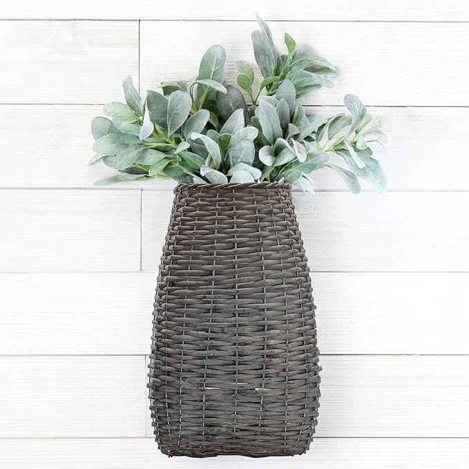 AuldHome Design Wall Hanging Pocket Basket; Woven Wicker Rustic Farmhouse Gray - Image 2