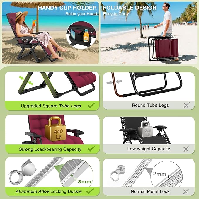 Suteck Zero Gravity Chair, Reclining Camping Lounge Chair w/Removable Cushion, Upgraded Lock and Cup Holder, Reclining Patio Chairs Folding Recliner for Indoor and Outdoor, Claret - Image 6