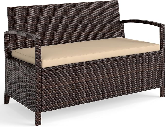 Tangkula 42 Gallon Outdoor Bench with Storage, Outdoor PE Rattan Storage Bench with Cushion, Backrest & Acacia Wood Armrests, Metal Frame, Waterproof Deck Box Seat for Porch Backyard Poolside by TANGKULA