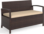 Tangkula 42 Gallon Outdoor Bench with Storage, Outdoor PE Rattan Storage Bench with Cushion, Backrest & Acacia Wood Armrests, Metal Frame, Waterproof Deck Box Seat for Porch Backyard Poolside by TANGKULA
