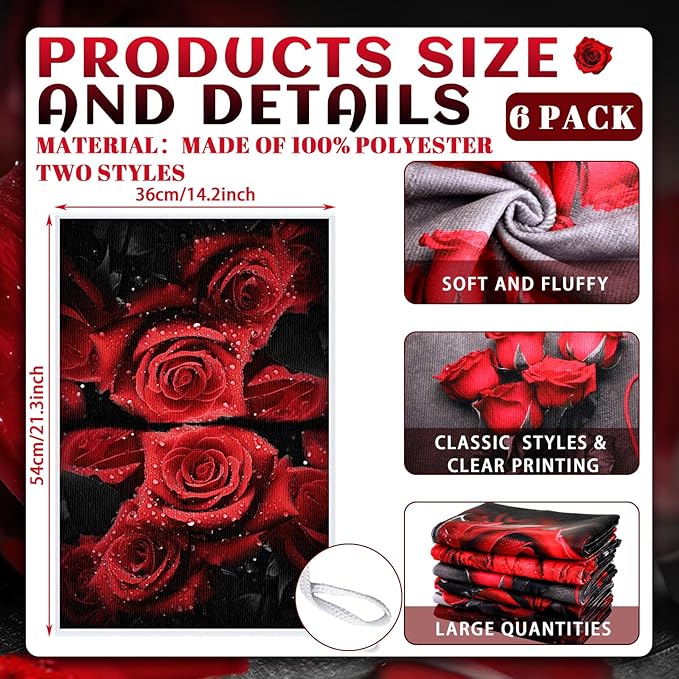 Breling Set of 6 Red Rose Kitchen Towels Vintage Themed Dish Towel Bathroom - Image 2