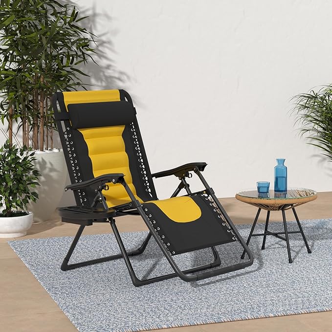 Best Choice Products Oversized Padded Zero Gravity Chair, Folding Outdoor Patio Recliner, XL Anti Gravity Lounger for Backyard w/Headrest, Cup Holder, Side Tray, Polyester Mesh - Black/Yellow - Image 2