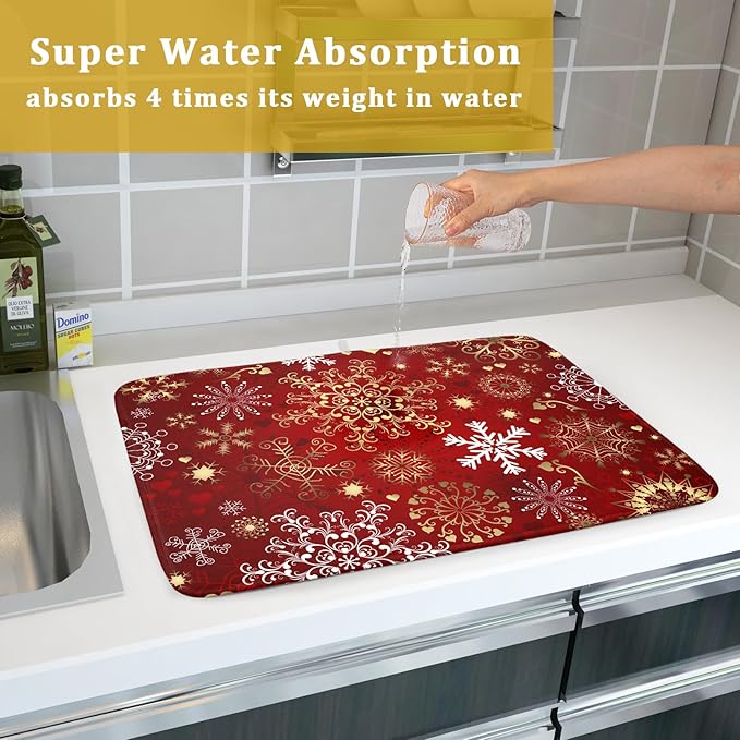 Red Snowflake Dish Drying Mat for Kitchen Counter Holiday Super Absorbent - Image 7