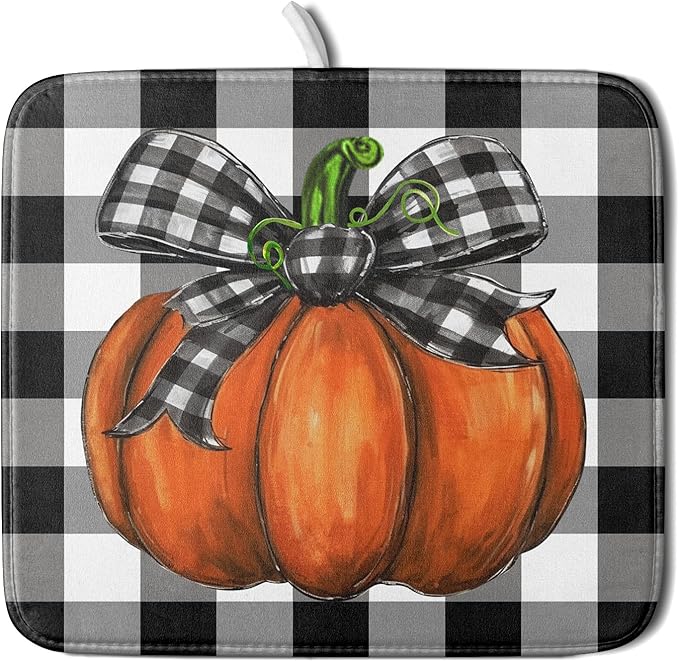 Fall Pumpkin Dish Drying Mat for Kitchen Counter Black White Buffalo Check by Unknown