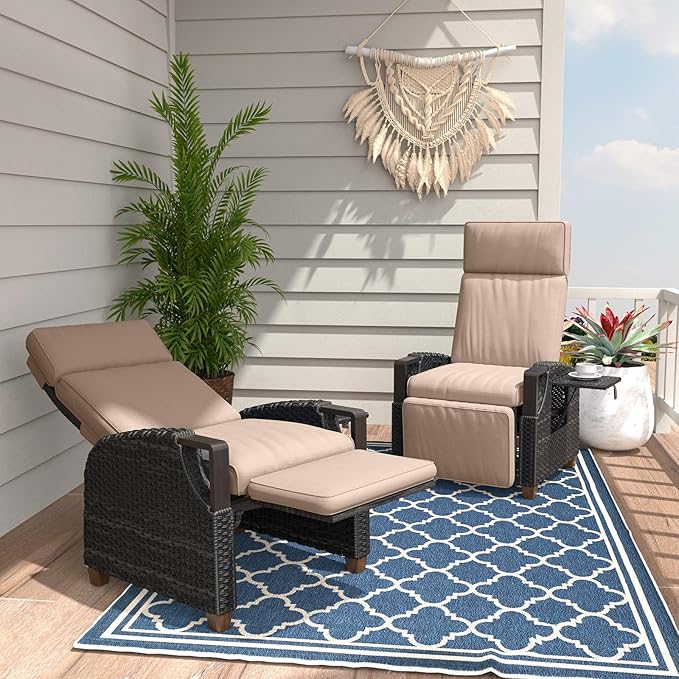 Grand patio Outdoor Recliner Air Pump 150° Lay Flat Reclining Chair with Independent Adjustable Back and Footrest Removable Olefin Cushion Flip-Up Table Wicker Beige 2PCS by GrandPatio