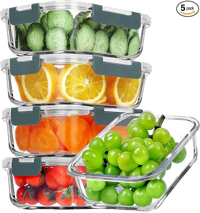 VERONES 5 Pack 36 OZ Glass Meal Prep Containers, Airtight Glass Lunch by VERONES