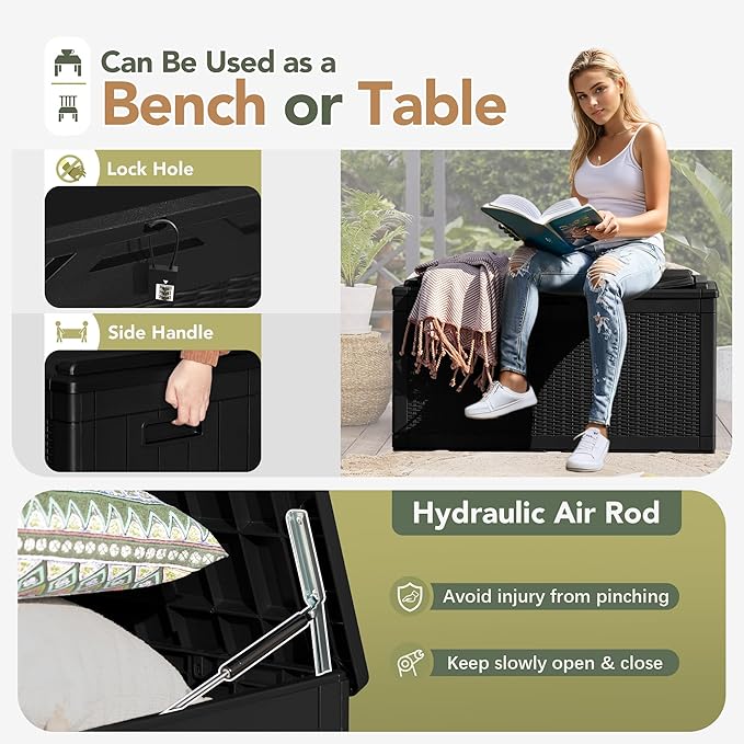 Flamaker Deck Box with Cushion 100 Gallon Waterproof Resin Storage Box with Air Rod Indoor Outdoor Lockable Storage Bench for Patio Furniture, Tools, Pool Accessories (Black) - Image 4