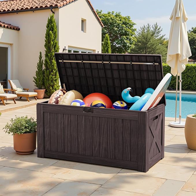 Greesum Outdoor Storage Box 120 Gallon Storage Bin with Lid for Patio Furniture, Garden Tools, Pool Supplies, Lockable, Waterproof and UV Resistant, Dark Brown - Image 2