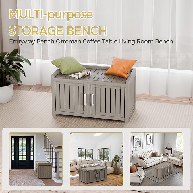 Storage Bench - 2 Doors Waterproof Resin Shoe Bench with Adjustable Shelves - Indoor & Outdoor Use, Entryway Bench with Seating for Bedroom, Living Room, Hallway - Grey - Image 6