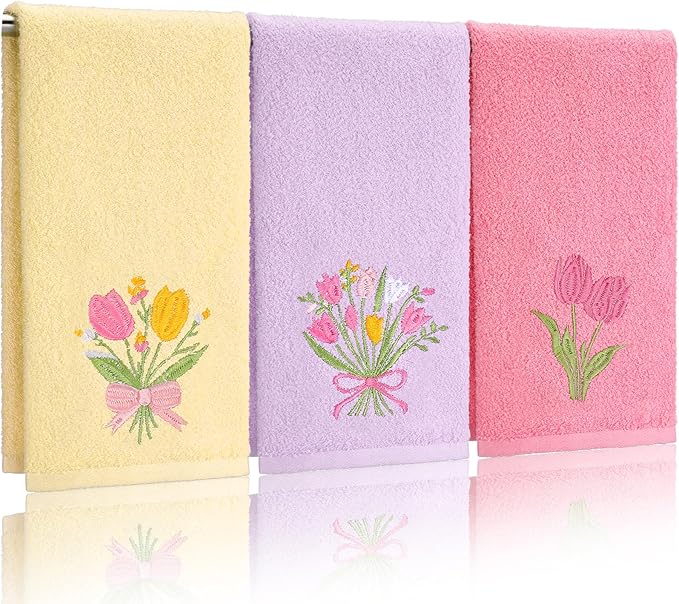 3 Pcs Tulips Bouquet Hand Towels Spring Pink Tulips Flower Bath Towels 14 x 29 by Tingjoo