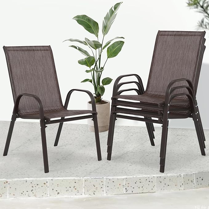 Outdoor Stackable Chairs Set of 4, Stacking Patio Chairs with Textilene Fabric, Outside Furniture for Garden Backyard Balconie Poolside Deck, Brown - Image 2