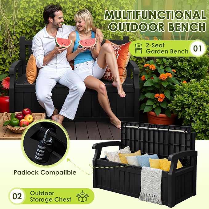 Greesum 80 Gallon Outdoor Storage Bench, Resin Patio Furniture with Armrest,Waterproof and UV-Resistant, Perfect to Garden, Poolside and Lawn, Black - Image 4
