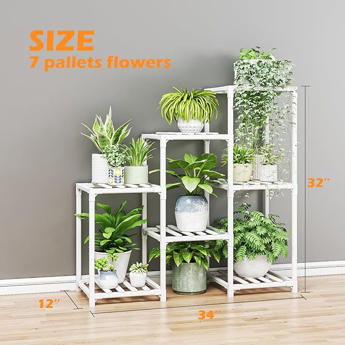 Bamworld Indoor Plant Stand Outdoor White Shelf Bamboo Plant Table for Multiple Plants 3 Tiers 7 Pots Ladder Holder Pot Window Garden Balcony Living Room - Image 5