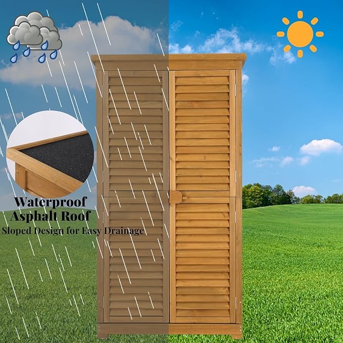 Outvita Outdoor Storage Cabinet, 63in Wooden Garden Tools Shed with 2 Lockable Doors, 3 Adjustable Shelves, Waterproof Roof for Yard Garge Patio Deck Porch, Natural - Image 2