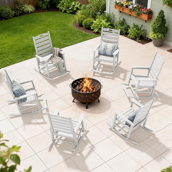 SERWALL HDPE Outdoor Rocking Chair, Oversized Rocking Chair with Footboard, High Back Porch Rocker Chair with 350lbs Support, White - Image 11