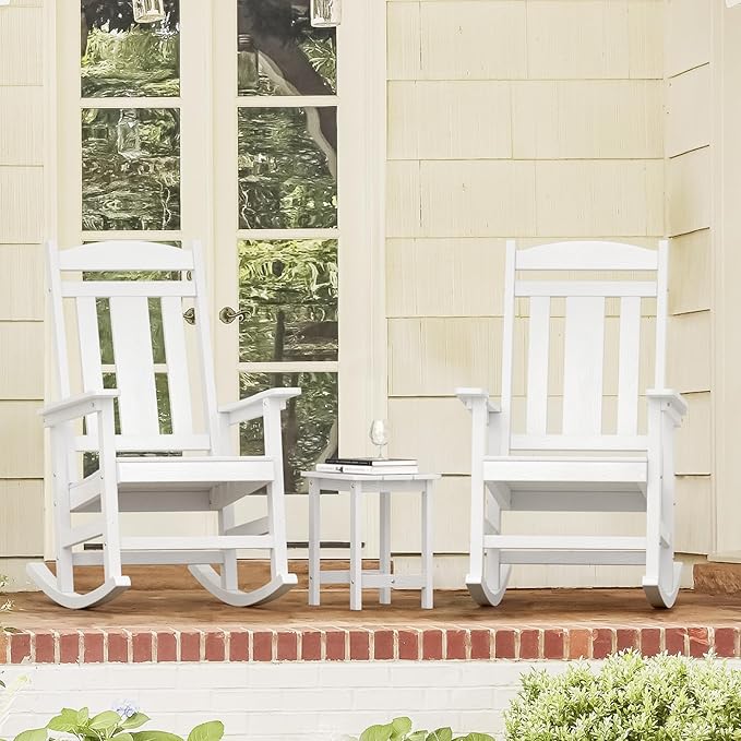 LUE BONA Outdoor Rocking Chairs Set, 3-Piece, HDPS Poly Porch Rockers with Table, Plastic Weather Resistant Rocking Chair Set for Outdoor Indoor, Garden, Backyard, 350lb,White Chairs+Table - Image 2