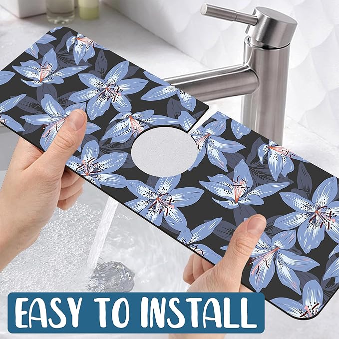 Blooming Lily Sink Faucet Absorbing Mat Blue Lily Flowers Super Absorbent Fast - Image 5