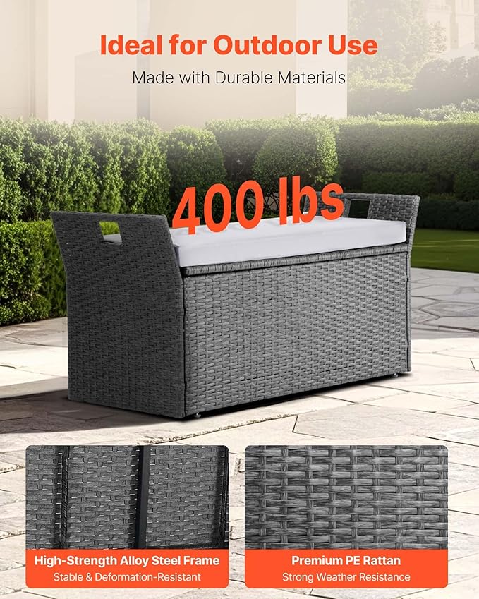 VEVOR Outdoor Storage Bench, 2-Person PE Rattan Storage Bench, 40 Gal Deck Box with Cushion & Side Handle, Supports up to 400 lbs, Weatherproof Outdoor Seating & Porch Decor for Patio Garden Balcony - Image 5