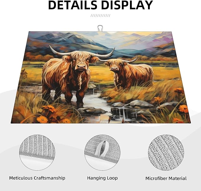 Highland Cow Dish Drying Mats for Kitchen Counter, Absorbent Reversible - Image 3