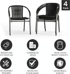 EMMA + OLIVER Set of 4 Modern Rattan Indoor/Outdoor Stack Chairs, Stacking Rattan Patio Chairs with Curved Back and Cross Bracing, Black - Image 6