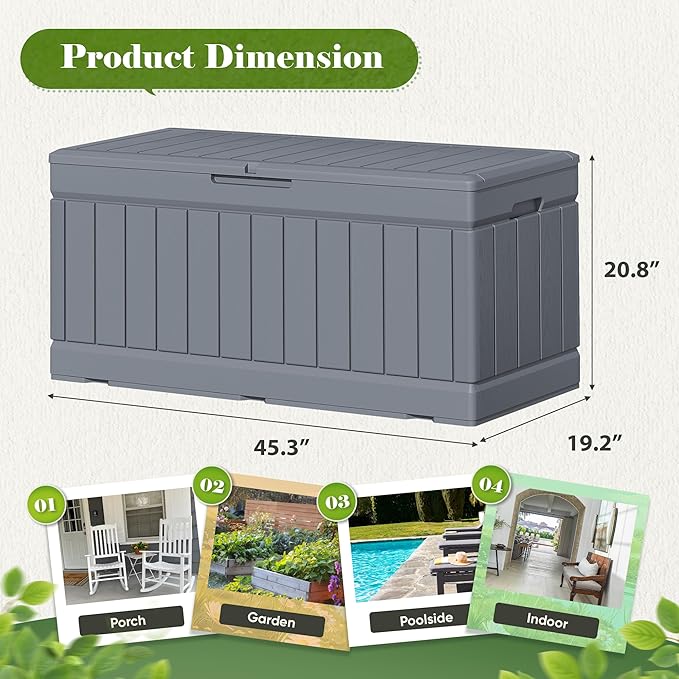 Flamaker Outdoor Storage Box 80 Gallon Resin Waterproof Deck Box Delivery Box with Wood Texture Large Storage Bin for Patio Cushions, (Grey) - Image 3