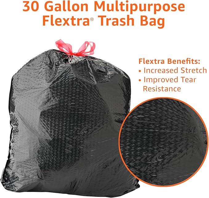 Amazon Basics Flextra Multipurpose Drawstring Trash Bags, 30 Gallon, Tear - Image 4