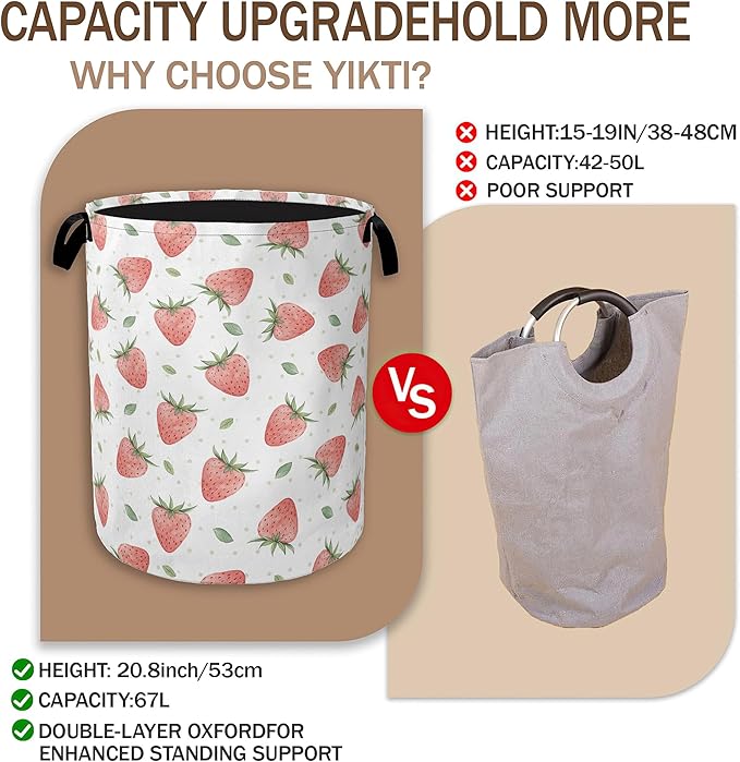 Watercolor Pink Strawberry Laundry Hamper, Waterproof Oxford Cloth Laundry Room - Image 3