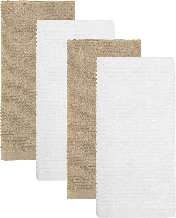 MosJos Kitchen Hand Towels Set of 4 Cotton Ribbed Taupe and White Hand Towels - Image 8