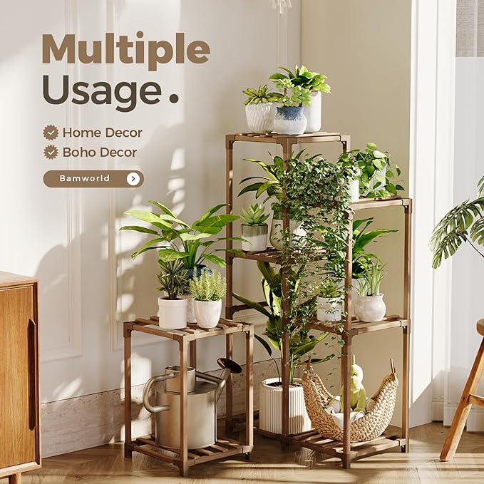 Bamworld Plant Stand Indoor Corner Plant Shelf Wood Plant Holder for Multiple Plants Tall Flower Stands Plants Table Rack Garden Patio Lawn Window 03H, Brown - Image 3