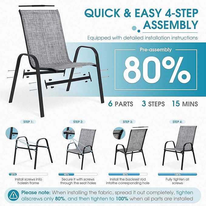 Outdoor Stackable Chairs Set of 8, Stacking Patio Chairs with Textilene Fabric, Outside Furniture for Garden Backyard Balconie Poolside Deck, Grey - Image 5