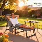 Outsunny Chaise Lounge Chair Outdoor, 5-Position Adjustable Sun Tanning Chair with Carrying Handle and Side Pocket, Folding Bed Cot with Removable Pillow for Garden, Beach, Patio, Pool, Camp, Gray - Image 2