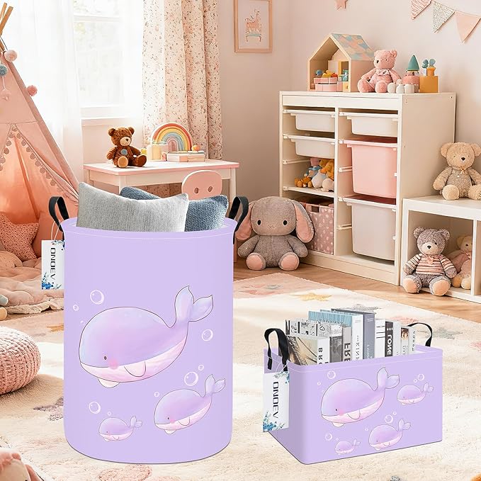 Round Foldable Girls' Storage Basket Kids Laundry Hamper Purple Gift Basket - Image 8