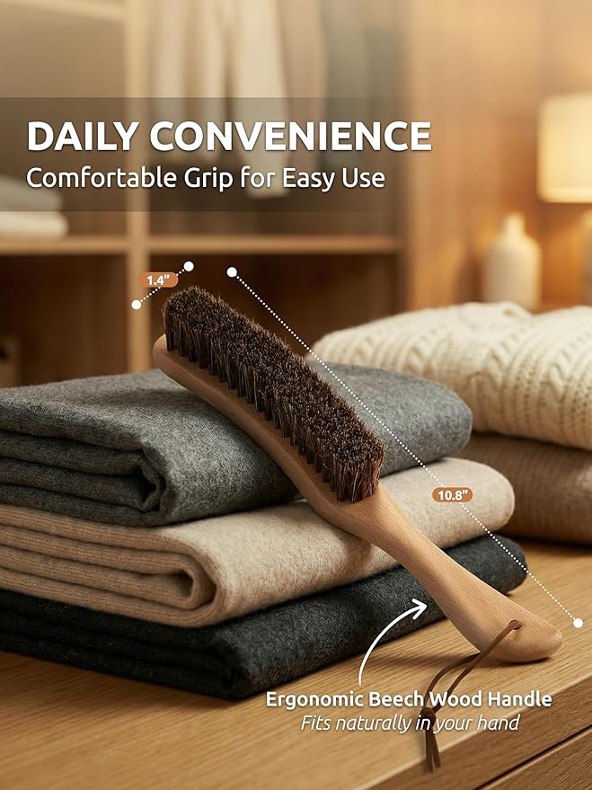 Lint Brush for Clothes with 100% Soft Horse Hair Bristle, Large Beech Wood - Image 3