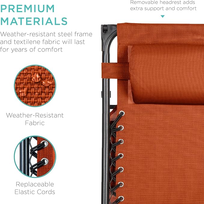 Best Choice Products Folding Zero Gravity Outdoor Recliner Patio Lounge Chair w/Adjustable Canopy Shade, Headrest, Side Accessory Tray, Textilene Mesh - Burnt Orange - Image 6