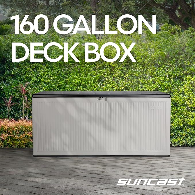 Suncast 160-Gal. Resin Extra-Large Outdoor Patio Deck Box with Pad-Lockable Lid, Modern Reeded Outdoor Patio Bench/Storage Box for Cushions, Garden Tools, and More, Iron Ore/French Gray - Image 2